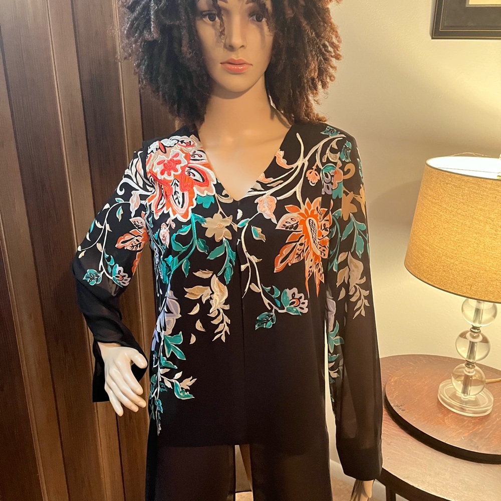 Chico’s black floral sheer with overlay tunic.